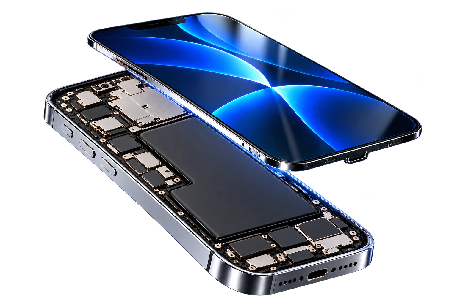 3D illustration of a titanium phone with its display lifted above the battery and internal components